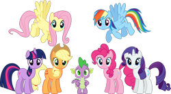 Size: 1646x906 | Tagged: artist needed, safe, artist:dashiesparkle, character:applejack, character:fluttershy, character:pinkie pie, character:rainbow dash, character:rarity, character:spike, character:twilight sparkle, character:twilight sparkle (unicorn), species:dragon, species:earth pony, species:pegasus, species:pony, species:unicorn, episode:the best night ever, g4, my little pony: friendship is magic, .svg available, female, group, looking at you, male, mane seven, mane six, mare, simple background, spread wings, stock vector, svg, transparent background, vector, wings