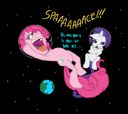 Size: 499x445 | Tagged: artist needed, safe, character:pinkie pie, character:rarity, earth, helmet, planet, portal 2, spaaaaaace, space, stars