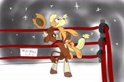 Size: 2721x1822 | Tagged: artist needed, safe, community related, character:applejack, character:arizona cow, species:cow, species:earth pony, species:pony, them's fightin' herds, bandana, clothing, cloven hooves, colored, cowboy hat, crossover, female, german suplex, hat, mare, suplex, suplex city, wrestling, wwe