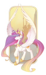Size: 2107x3396 | Tagged: dead source, safe, artist:antiander, character:princess celestia, canterlot, frame, high res, long tail, raised hoof, solo, spread wings, unshorn fetlocks, wings