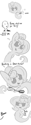 Size: 806x3224 | Tagged: safe, artist:tjpones, oc, oc only, oc:brownie bun, oc:richard, species:human, species:pony, horse wife, bad pun, beating a dead horse, black sclera, boo, cheek fluff, chest fluff, comic, dead, egg beater, floating, frown, ghost, glare, grimderp, hoof hold, monochrome, open mouth, pun, raised eyebrow, simple background, smiling, tumblr, visual gag, white background