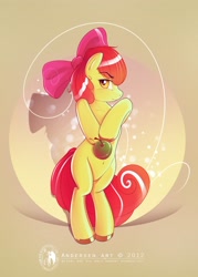 Size: 2026x2835 | Tagged: safe, artist:antiander, character:apple bloom, species:earth pony, species:pony, adorabloom, apple, apple bloom's bow, belly button, bipedal, blushing, bow, cute, female, food, hair bow, high res, holding, looking at you, solo