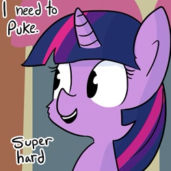 Size: 733x733 | Tagged: safe, artist:tjpones, character:twilight sparkle, character:twilight sparkle (alicorn), species:alicorn, species:pony, bust, cropped, dialogue, female, fluffy, implied vomit, mare, open mouth, out of context, reaction image, smiling, solo