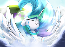 Size: 3500x2550 | Tagged: safe, artist:madacon, character:princess celestia, species:alicorn, species:pony, color porn, eyes closed, female, lake, lens flare, majestic, mare, pond, smiling, solo, spread wings, swanlestia, swimming, tree, wet, wet mane, wings