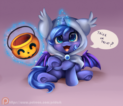 Size: 1454x1252 | Tagged: safe, artist:pridark, character:princess luna, oc, species:bat pony, species:pony, :3, bat pony oc, bat wings, blushing, cloak, clothing, costume, cute, filly, glowing horn, hnnng, hooded cape, levitation, looking at you, looking up, lunabat, lunabetes, magic, nightmare night, nightmare night costume, open mouth, patreon, patreon logo, pointing, pridark is trying to murder us, pumpkin bucket, race swap, sitting, smiling, solo, telekinesis, trick or treat, underhoof, weapons-grade cute, woona
