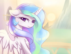 Size: 1024x785 | Tagged: safe, artist:magnaluna, character:princess celestia, species:alicorn, species:pony, beautiful, bedroom eyes, bust, chest fluff, colored pupils, cute, cutelestia, ear fluff, female, looking at you, mare, shoulder fluff, smiling, solo, sun, wing fluff