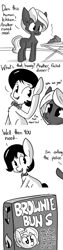 Size: 806x3224 | Tagged: safe, artist:tjpones, oc, oc only, oc:brownie bun, species:earth pony, species:pony, horse wife, advertisement, book, bow tie, burned, comic, cute, food, frown, grayscale, monochrome, ocbetes, open mouth, sad, salespony, smiling, tumblr