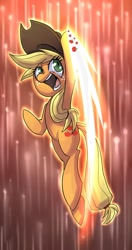 Size: 500x950 | Tagged: safe, artist:uc77, character:applejack, species:earth pony, species:pony, g4, action pose, dragon punch, female, mare, open mouth, paint tool sai, shoryuken, smiling, solo