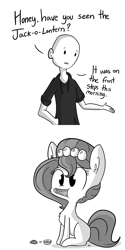 Size: 806x1612 | Tagged: safe, artist:tjpones, oc, oc only, oc:brownie bun, oc:richard, species:earth pony, species:human, species:pony, horse wife, chest fluff, clothing, comic, cute, ear fluff, eating, grayscale, herbivore, hoodie, horses doing horse things, jack-o-lantern, monochrome, nom, ocbetes, pumpkin, sitting, tumblr