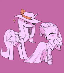 Size: 400x450 | Tagged: safe, artist:pan, character:rarity, character:sassy saddles, species:pony, species:unicorn, ship:rarisaddles, blush sticker, blushing, clothing, dress, eyes closed, female, hat, lesbian, mare, open mouth, pink background, raised hoof, shipping, simple background, smiling
