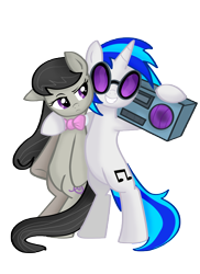 Size: 10200x14039 | Tagged: safe, artist:pridark, character:dj pon-3, character:octavia melody, character:vinyl scratch, species:earth pony, species:pony, species:unicorn, ship:scratchtavia, absurd resolution, bipedal, boombox, bow tie, cutie mark, female, hooves, horn, hug, lesbian, mare, octavia is not amused, shipping, simple background, smiling, sunglasses, teeth, transparent background, unamused, vector