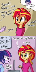 Size: 726x1452 | Tagged: safe, artist:tjpones, character:sunset shimmer, character:twilight sparkle, character:twilight sparkle (scitwi), species:eqg human, my little pony:equestria girls, adorkable, bait and switch, battleship, blushing, cute, dork, fantasizing, imagination, implied lesbian, implied scitwishimmer, implied shipping, implied sunsetsparkle, innuendo, kissy face, poster, shipping denied, stealth pun, thought bubble