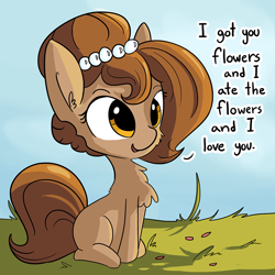 Size: 990x990 | Tagged: safe, artist:tjpones, oc, oc only, oc:brownie bun, species:earth pony, species:pony, horse wife, adorkable, but i eated it, cheek fluff, chest fluff, cute, dialogue, dork, female, fluffy, grass, i love you, mare, ocbetes, open mouth, shoulder fluff, sitting, smiling, solo, tjpones is trying to murder us, weapons-grade cute