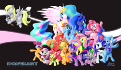 Size: 2183x1276 | Tagged: safe, artist:blue-paint-sea, character:apple bloom, character:applejack, character:big mcintosh, character:derpy hooves, character:fluttershy, character:pinkie pie, character:princess celestia, character:princess luna, character:rainbow dash, character:rarity, character:scootaloo, character:spike, character:sweetie belle, character:trixie, character:twilight sparkle, character:twilight sparkle (unicorn), species:alicorn, species:dragon, species:earth pony, species:pegasus, species:pony, species:unicorn, checkered flag, cutie mark crusaders, female, filly, goggles, male, mane seven, mane six, mare, one eye closed, open mouth, photoshop, ponykart, smiling, stallion, wallpaper, wink