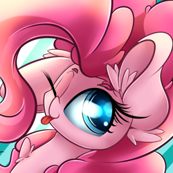 Size: 1800x1800 | Tagged: safe, artist:madacon, character:pinkie pie, chest fluff, cute, diapinkes, ear fluff, portrait, solo, tongue out, wink