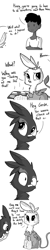 Size: 806x4030 | Tagged: safe, artist:tjpones, oc, oc only, oc:gerdie, species:griffon, species:human, horse wife, blushing, comic, cute, grayscale, griffon oc, monochrome, oven mitts, scratches, threat, tumblr