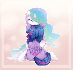 Size: 1600x1524 | Tagged: safe, artist:magnaluna, character:princess celestia, character:twilight sparkle, character:twilight sparkle (alicorn), species:alicorn, species:pony, ship:twilestia, colored wings, colored wingtips, eyes closed, female, lesbian, mare, shipping, sitting, smiling