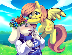 Size: 850x651 | Tagged: safe, artist:ende26, character:fluttershy, blushing, commission, crossover, cute, flower, flower in hair, shyabetes, toriel, undertale