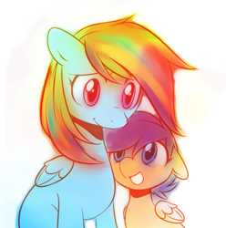 Size: 621x625 | Tagged: safe, artist:pekou, character:rainbow dash, character:scootaloo, species:pegasus, species:pony, scootalove
