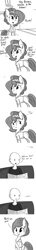 Size: 726x5082 | Tagged: safe, artist:tjpones, oc, oc only, oc:brownie bun, oc:richard, species:earth pony, species:human, species:pony, horse wife, ask, grayscale, hairnet, kitchen, monochrome, newspaper, offscreen character, reading, tumblr