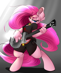 Size: 3000x3550 | Tagged: safe, artist:madacon, character:pinkie pie, species:anthro, badass, bipedal, clothing, collar, female, guitar, guitar pick, hand, musical instrument, pinkie being pinkie, playing, rocker, shorts, solo, spikes