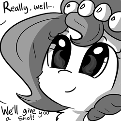 Size: 580x580 | Tagged: safe, artist:tjpones, oc, oc only, oc:brownie bun, species:earth pony, species:pony, horse wife, cheek fluff, cropped, cute, dialogue, female, fire, grayscale, mare, monochrome, offscreen character, pyromania, simple background, single panel, solo, this will end in fire, this will end in tears and/or breakfast, white background, xk-class end-of-the-kitchen scenario, xk-class end-of-the-world scenario