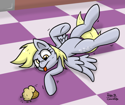 Size: 2115x1770 | Tagged: safe, artist:corsairsedge, character:derpy hooves, species:pony, behaving like a cat, food, muffin, on back, silly, silly pony, solo, tongue out