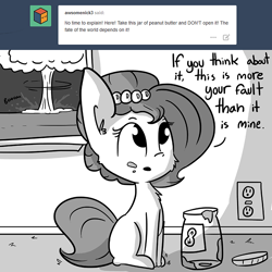 Size: 806x806 | Tagged: safe, artist:tjpones, oc, oc only, oc:brownie bun, species:earth pony, species:pony, horse wife, cute, everything is ruined, food, grayscale, monochrome, mushroom cloud, peanut butter, pure unfiltered evil, solo, you had one job