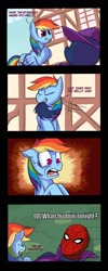 Size: 700x1750 | Tagged: safe, artist:uc77, character:mare do well, character:rainbow dash, species:pegasus, species:pony, comic, crossover, female, mare, shocked, spider-man, unmasked