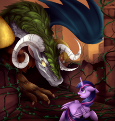 Size: 2975x3111 | Tagged: safe, artist:pridark, character:twilight sparkle, character:twilight sparkle (alicorn), oc, species:alicorn, species:draconequus, species:pony, commission, fanfic art, female, mare, ruins, scared, vine