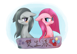 Size: 1200x850 | Tagged: safe, artist:phyllismi, character:marble pie, character:pinkamena diane pie, character:pinkie pie, banner, blushing, chinese, floppy ears, frown, glare, hair over one eye, looking back, pie sisters, pie twins, shy, sisters, sitting