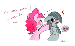 Size: 800x500 | Tagged: safe, artist:phyllismi, character:marble pie, character:pinkie pie, blushing, embarrassed, happy, pie sisters, pie twins, pixiv, twins
