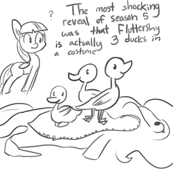 Size: 726x726 | Tagged: safe, artist:tjpones, character:fluttershy, character:twilight sparkle, character:twilight sparkle (alicorn), species:alicorn, species:duck, species:pony, season 5, black and white, clothing, costume, female, flutterduck, fluttershy suit, grayscale, m. night shyamalan, mare, missing horn, monochrome, op, op is fluttershy, pony costume, ponysuit, question mark, robot chicken, this explains everything, what a twist