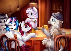 Size: 1049x762 | Tagged: safe, artist:pridark, character:dj pon-3, character:octavia melody, character:vinyl scratch, oc, species:classical hippogriff, species:hippogriff, 33 1-3 lp, bar, bartender, chair, earring, long play, piercing, pub, wink