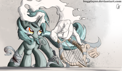 Size: 2000x1171 | Tagged: safe, artist:bugplayer, character:lyra heartstrings, species:pony, species:unicorn, arrow, bandage, female, gritted teeth, hand, injured, knife, lyre, magic, mare, sheet music, solo