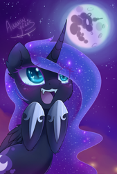 Size: 1600x2363 | Tagged: safe, artist:magnaluna, character:nightmare moon, character:princess luna, species:alicorn, species:pony, episode:the cutie re-mark, alternate timeline, aw yiss, cute, fangs, filly, implied princess celestia, mare in the moon, moon, moonabetes, nightmare takeover timeline, nightmare woon, open mouth, solo