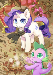 Size: 1000x1411 | Tagged: safe, artist:shepherd0821, character:rarity, character:spike, species:dragon, species:pony, species:unicorn, autumn, beret, clothing, cute, fainting couch, female, food, hat, male, mare, potato, scarf, seasons