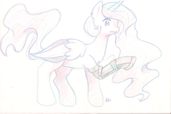Size: 1695x1130 | Tagged: safe, artist:pekou, character:princess celestia, amputee, artificial hoof, concerned, fanfic art, lost to the sands, solo, traditional art
