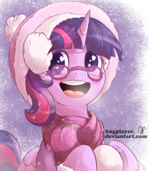 Size: 2000x2300 | Tagged: safe, artist:bugplayer, character:twilight sparkle, character:twilight sparkle (alicorn), species:alicorn, species:pony, adorkable, boots, bugplayer is trying to murder us, clothing, cute, dork, earmuffs, female, glasses, hat, mare, scarf, snow, snowfall, solo, twiabetes, wingding eyes, winter