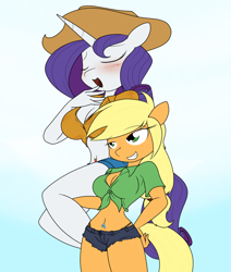 Size: 866x1021 | Tagged: safe, artist:sandwich-anomaly, character:applejack, character:rarity, species:anthro, ship:rarijack, accessory swap, belly button, bellyring, blushing, breasts, busty applejack, busty rarity, carrying, cleavage, clothing, daisy dukes, female, front knot midriff, grin, lesbian, midriff, panties, piercing, shipping, shorts, simple background, thong, underwear