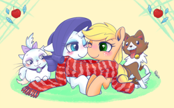 Size: 1000x625 | Tagged: safe, artist:phyllismi, character:applejack, character:opalescence, character:rarity, character:winona, ship:rarijack, clothing, female, lesbian, one eye closed, scarf, shared clothing, shared scarf, shipping, wink