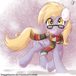 Size: 2300x2300 | Tagged: safe, artist:bugplayer, character:derpy hooves, species:pegasus, species:pony, blushing, bow tie, bugplayer is trying to murder us, clothing, cute, derpabetes, earmuffs, female, fourth doctor's scarf, glasses, heart eyes, looking at you, mare, scarf, smiling, snow, snowfall, snowflake, solo, wingding eyes, winter