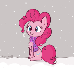 Size: 775x720 | Tagged: safe, artist:dsp2003, artist:tjpones, character:pinkie pie, species:earth pony, species:pony, clothing, collaboration, cute, diapinkes, female, scarf, snow, snowfall, snowflake, solo