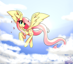Size: 2917x2557 | Tagged: safe, artist:kousagi-hime, character:fluttershy, butterfly, cloud, flying, impossibly long mane, long mane, solo