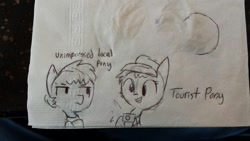 Size: 1280x720 | Tagged: safe, artist:tjpones, oc, oc only, species:pony, black and white, camera, clothing, grayscale, hat, monochrome, napkin, sketch, tourist, traditional art, unimpressed