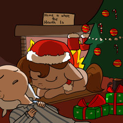 Size: 792x792 | Tagged: safe, artist:tjpones, oc, oc only, oc:brownie bun, oc:richard, species:earth pony, species:human, species:pony, horse wife, cheek fluff, christmas, christmas tree, clothing, cute, female, fireplace, hat, holiday, human male, male, mare, open mouth, pajamas, santa hat, sleeping, tree