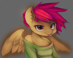 Size: 850x672 | Tagged: safe, artist:ende26, character:scootaloo, species:anthro, species:pegasus, species:pony, clothing, ear piercing, female, off shoulder, piercing, solo, tongue out