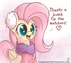 Size: 2600x2300 | Tagged: safe, artist:bugplayer, character:fluttershy, species:pegasus, species:pony, blushing, bugplayer is trying to murder us, clothing, coat, cute, earmuffs, female, followers, happy, heart eyes, mare, milestone, scarf, shyabetes, solo, wingding eyes, winter