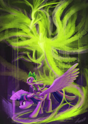 Size: 2480x3508 | Tagged: safe, artist:seer45, character:spike, character:twilight sparkle, character:twilight sparkle (alicorn), species:alicorn, species:balefire phoenix, species:dragon, species:phoenix, species:pony, female, mare, standing on back