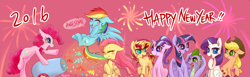 Size: 1950x600 | Tagged: safe, artist:phyllismi, character:applejack, character:fluttershy, character:pinkie pie, character:rainbow dash, character:rarity, character:spike, character:starlight glimmer, character:sunset shimmer, character:twilight sparkle, character:twilight sparkle (alicorn), species:alicorn, species:dragon, species:earth pony, species:pegasus, species:pony, species:unicorn, 2016, alternate mane seven, applejack's hat, clothing, cowboy hat, dialogue, equalized mane, eyes closed, female, fireworks, floppy ears, happy new year, happy new year 2016, hat, hug, male, mane nine, mane seven, mane six, mare, new year, one eye closed, open mouth, party cannon, s5 starlight, sitting, speech bubble, spikelove, winghug